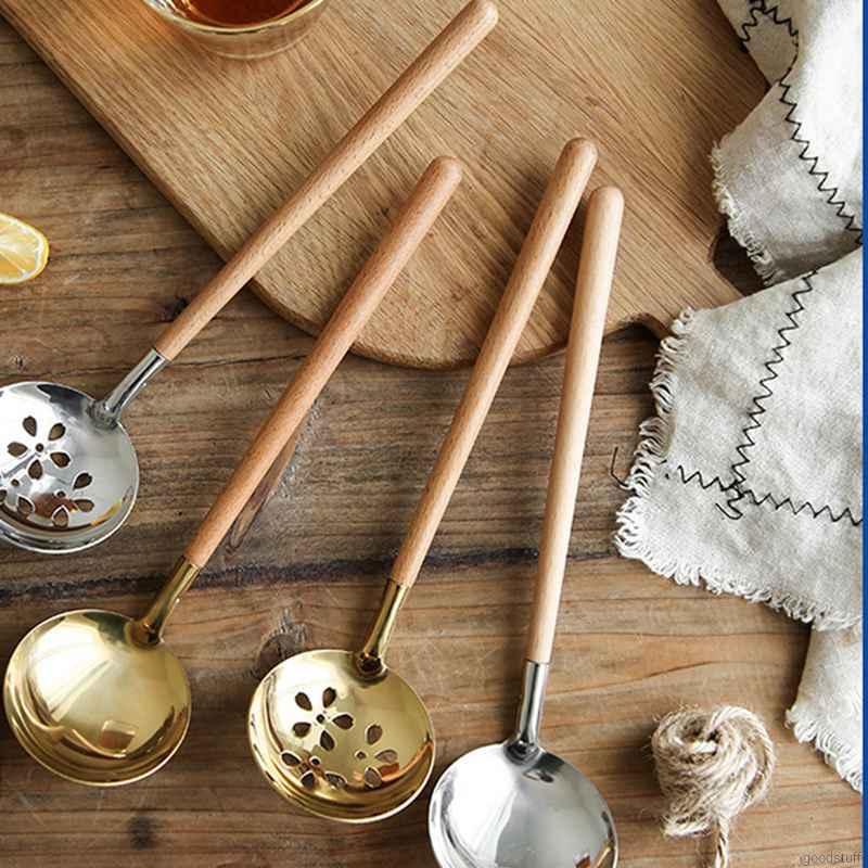 Muỗng Múc Canh Bằng Thép Không Gỉ Tay Cầm Gỗ Phong Cách Nhật Bản