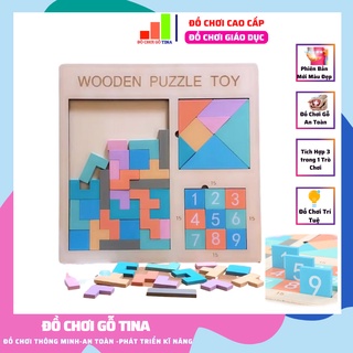 Đồ chơi gỗ xếp gạch tetris ghép hình tangram puzzle, số tina cho bé chi tiết lắp ghép sáng tạo từ các mảnh hình khối