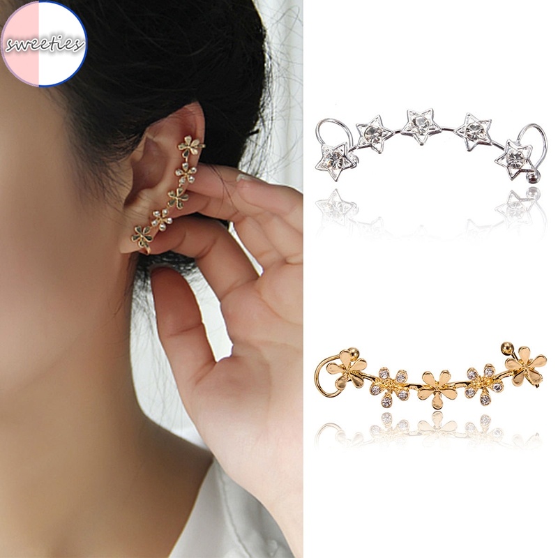 Khuyên kẹp vành tai trang trí hoa/ ngôi sao đính đá nhân tạo phong cách cổ điển thời trang dành cho nữ