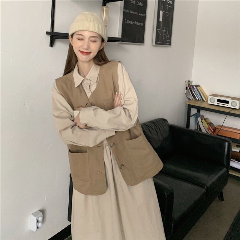 Set Đầm Kaki Dài Tay Và Áo Khoác Ghi Lê Phong Cách Trẻ Trung Dành Cho Nữ