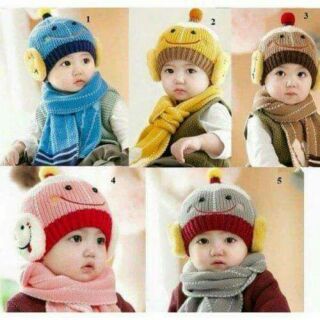 Set khăn mũ len mặt cười cho bé