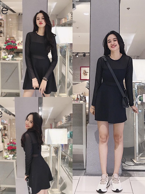 Đầm nữ dáng xòe phối ren màu đen size S M Np shop