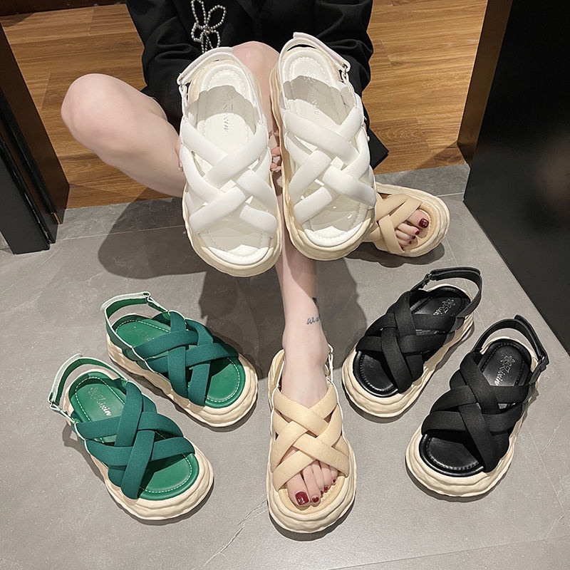 Bán Chạy Mùa Hè ~ Giày Sandal Đế Xuồng Dày Quai Dán Phẳng Phong Cách Niche Mùa Hè Cho Nữ