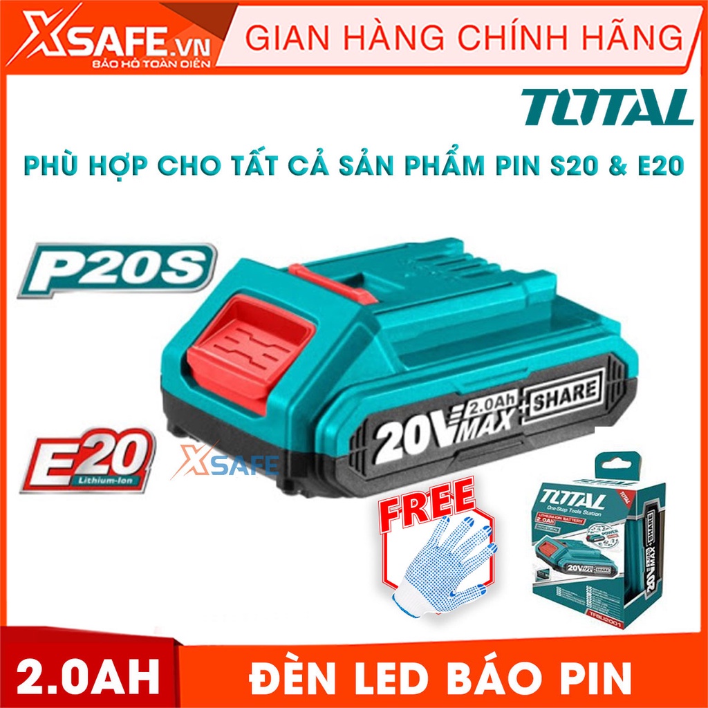 Pin Lithium Ion P20S TOTAL TFBLI20011 Pin lithium 20V/2.0Ah Total dùng cho dòng E20 và P20S có đèn LED báo pin