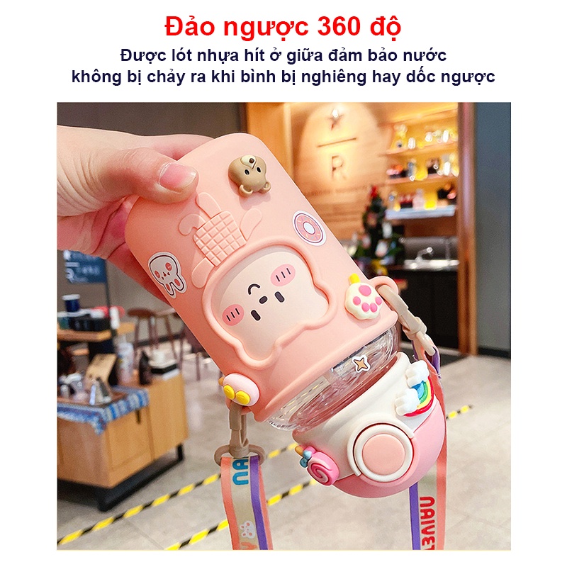 Bình nước cho bé đi học chịu nhiệt tốt Baby-S, Bình uống nước cho bé có ống hút tặng kèm túi silicon và dây đeo - SBN013