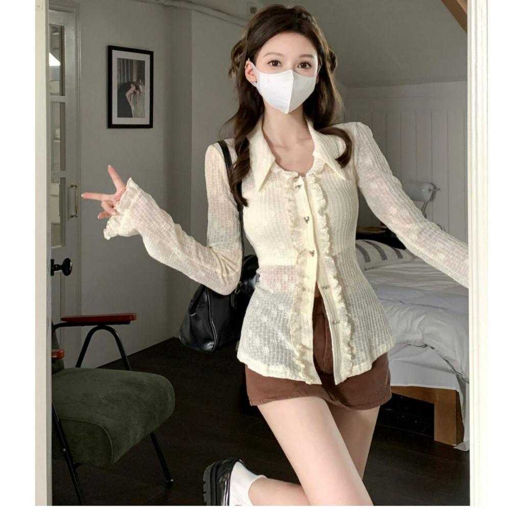 Set áo sơ mi trắng ren tay dài bèo + chân váy nâu chữ A