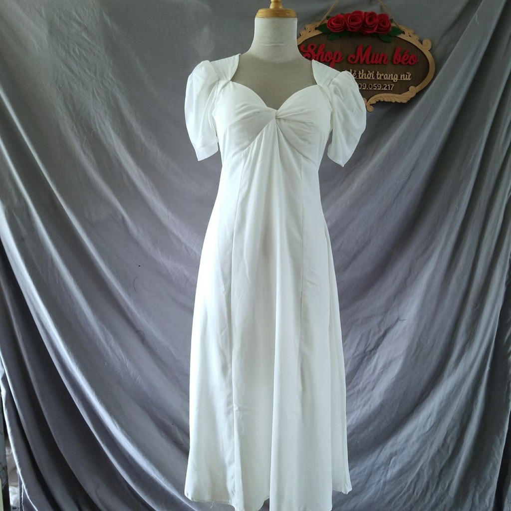 Đầm Maxi Trắng xoắn Ngực Tay Phồng | BigBuy360 - bigbuy360.vn