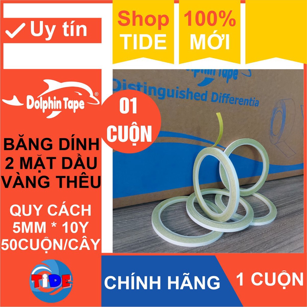 (1 cuộn) Băng dính 2 mặt dầu vàng thêu bản rộng 5mm – Dùng trong công tác VPP, dán hồ sơ, bao thư, bưu thiếp, hộp quà...