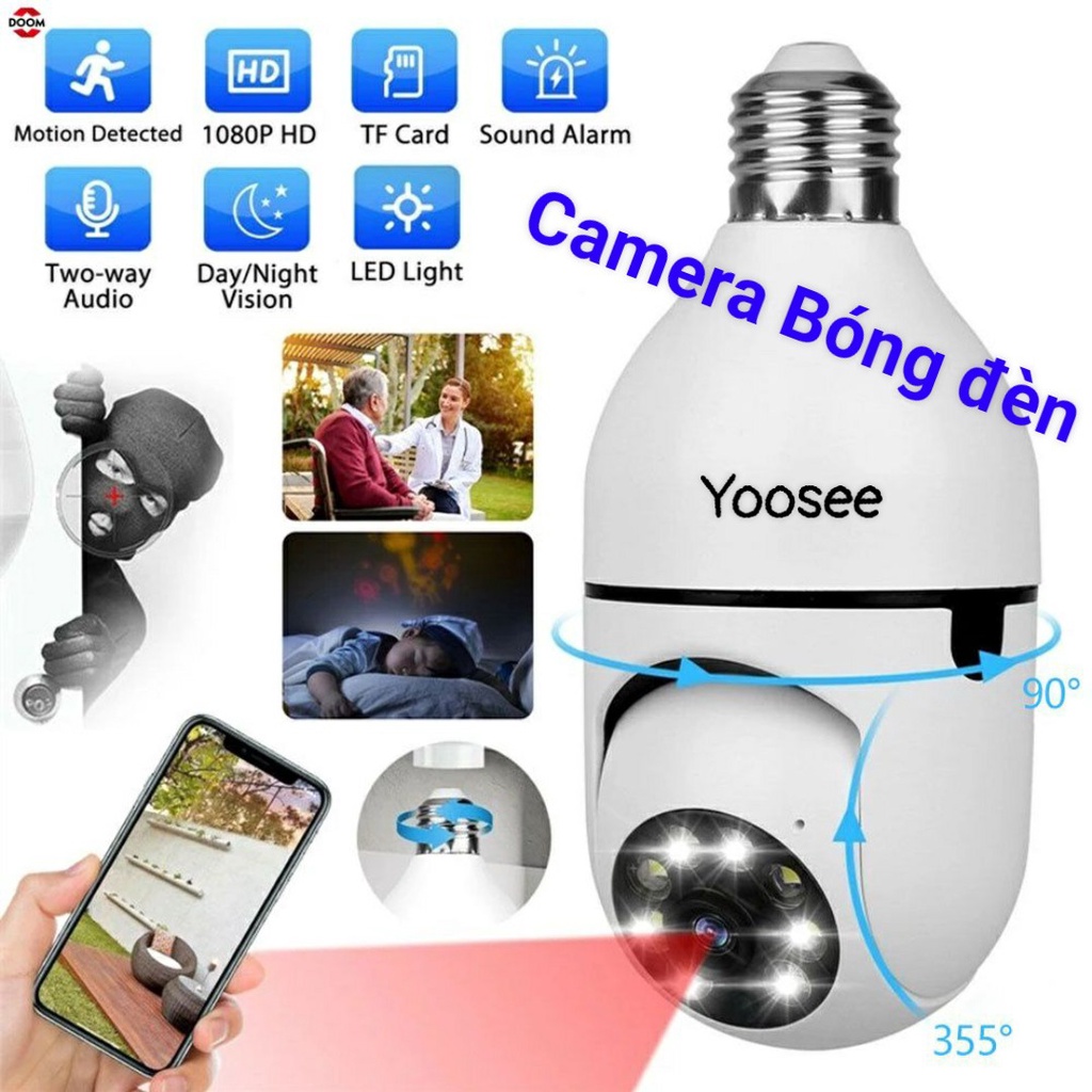 Camera Yoosee bóng đèn 1080p Rõ nét, Có đèn Led chiếu sáng ban đêm, Xoay 360đ, Đàm thoại 2 chiều
