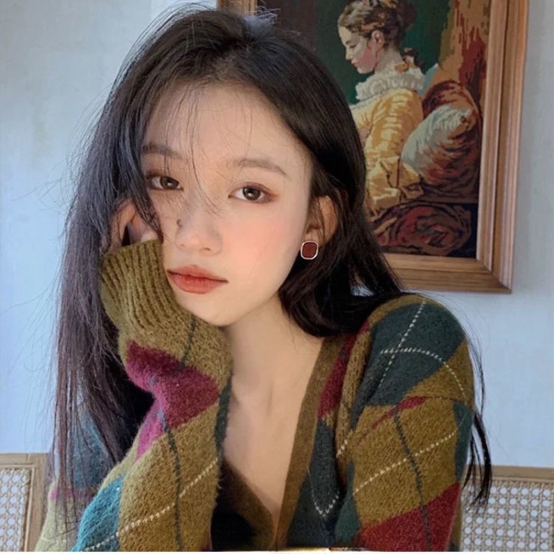 Khuyên Tai Hình Giọt Nước Màu Đỏ Tía Phong Cách Vintage