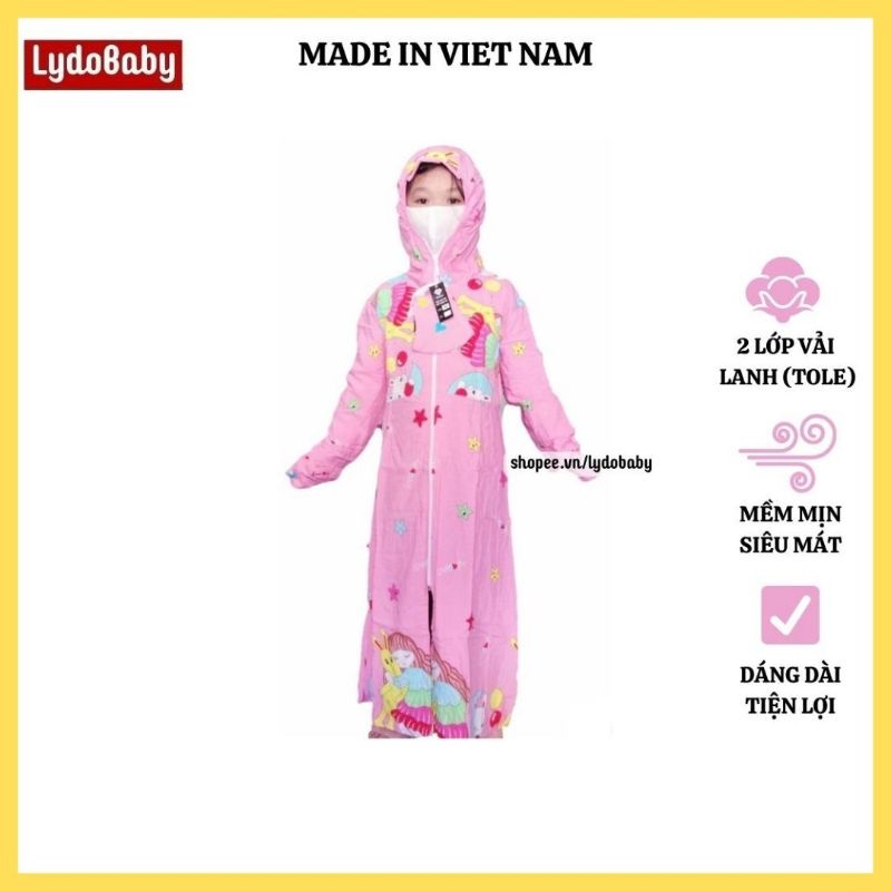 Áo chống nắng cho bé gái 2 lớp vải lanh tole siêu mát dáng dài toàn thân (giao họa tiết ngẫu nhiên) 15kg đến 40kg