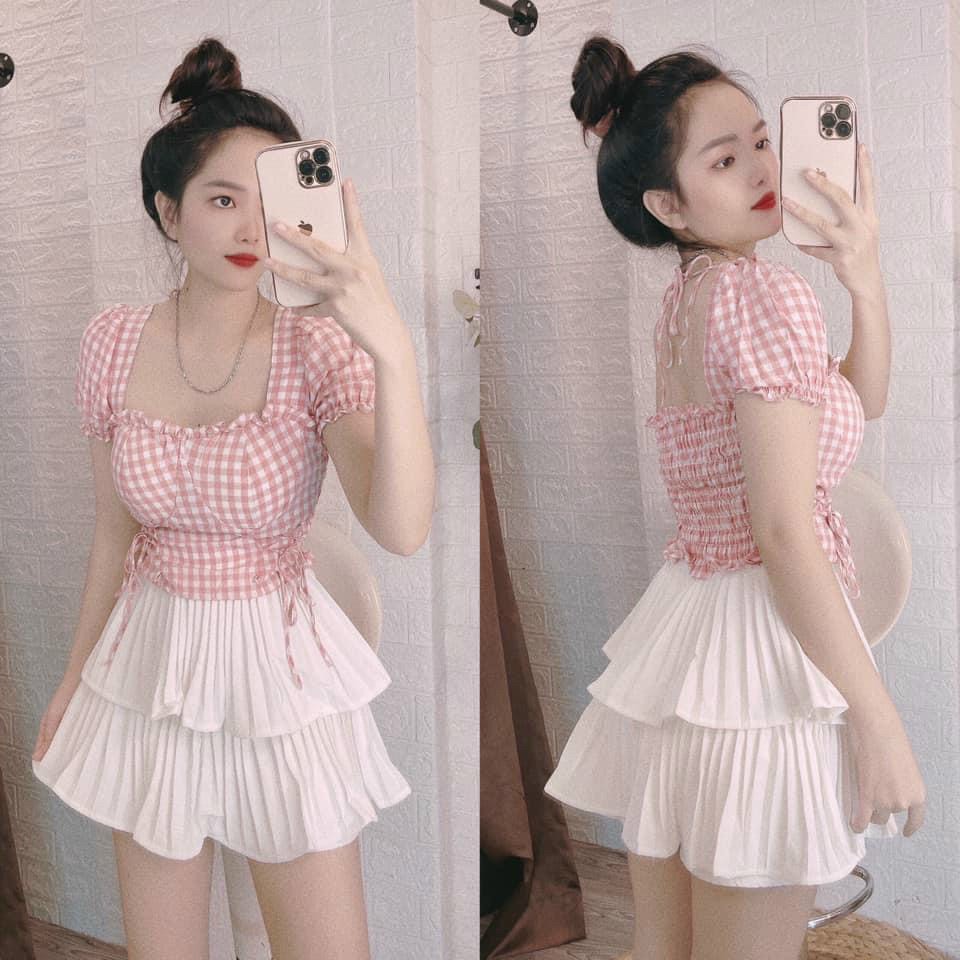 Áo kiểu croptop cổ U caro rút dây 2 bên kèm mút ngực xinh , chất kate lụa mềm mịn