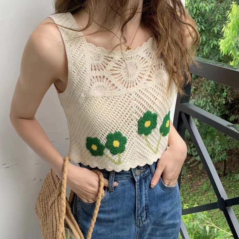 Áo Croptop Dệt Kim Không Tay Thêu Hoa Phong Cách Boho Dành Cho Nữ