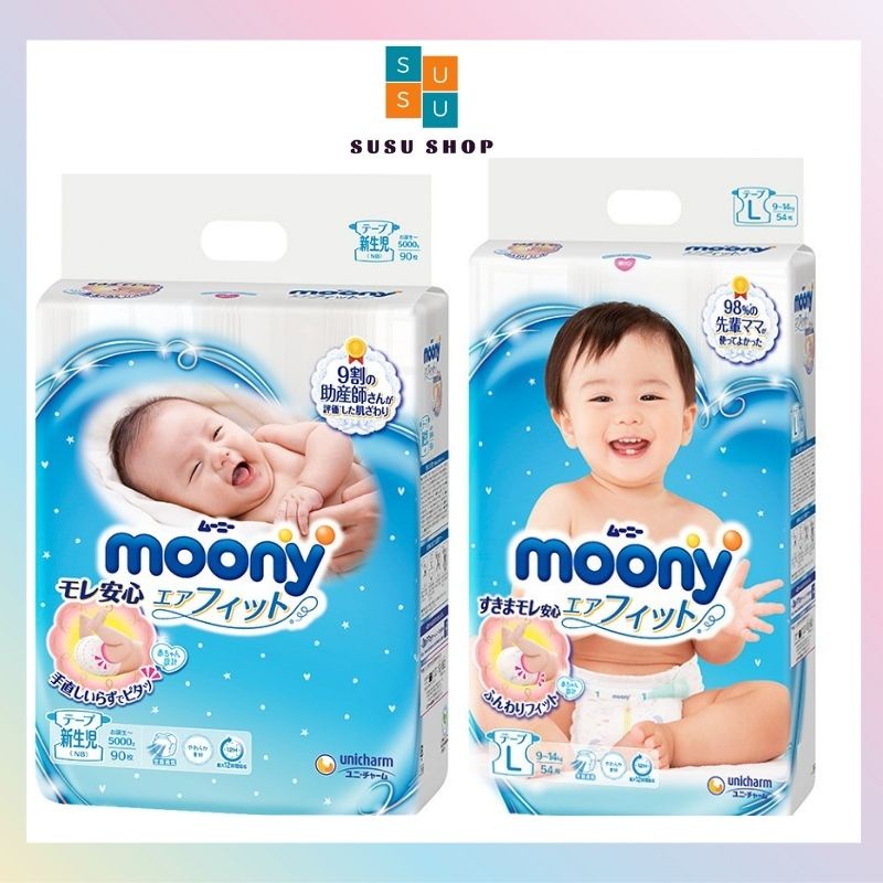 Bỉm Moony Cộng Miếng Nội Địa Nhật Dán/Quần đủ size NB90+6/S84+6/M58+6/M64+4/L44+6/L54+4/XL44