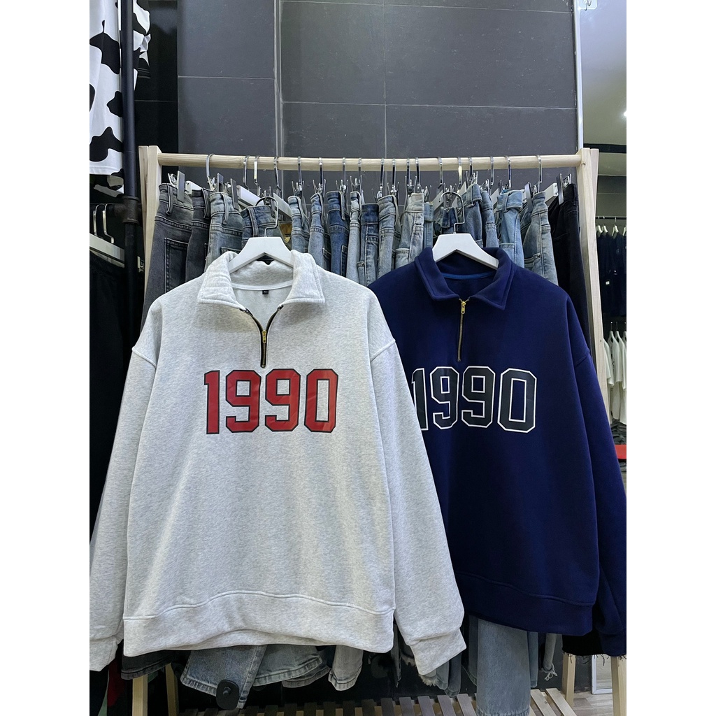 Áo Sweater 1990 Boin shop chất nỉ bông cotton dày phối cổ polo có zip from rộng unisex cho cả nam và nữ siêu đẹp