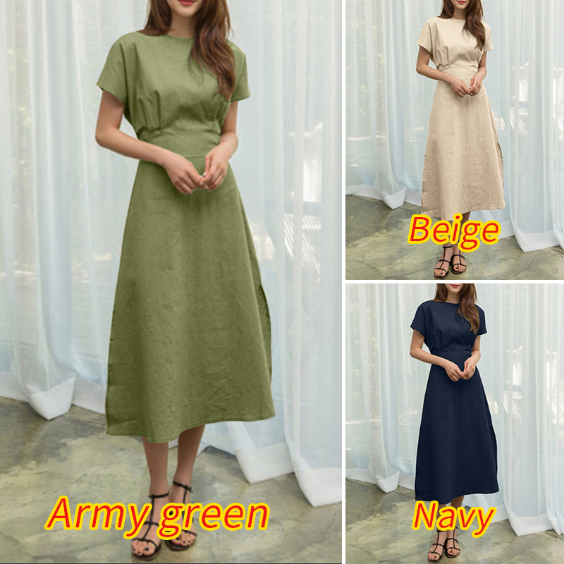 Đầm Dài ZANZEA Tay Ngắn Cổ Tròn Màu Trơn Có Dây Cột Và Khóa Kéo Phía Sau Dành Cho Nữ | BigBuy360 - bigbuy360.vn