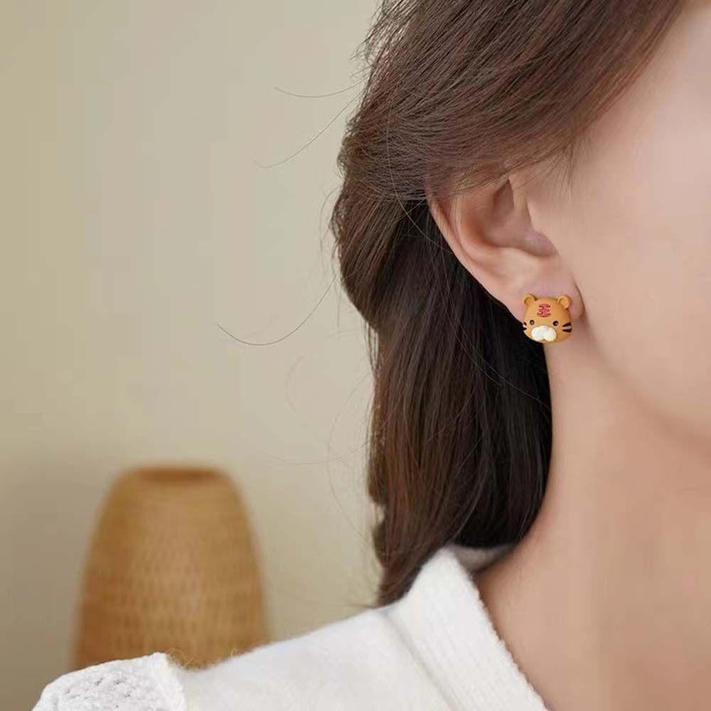 Bông Tai VANES1 Hình Chú Hổ Hoạt Hình Màu Vàng / Đỏ Phong Cách Hàn Quốc Thời Trang