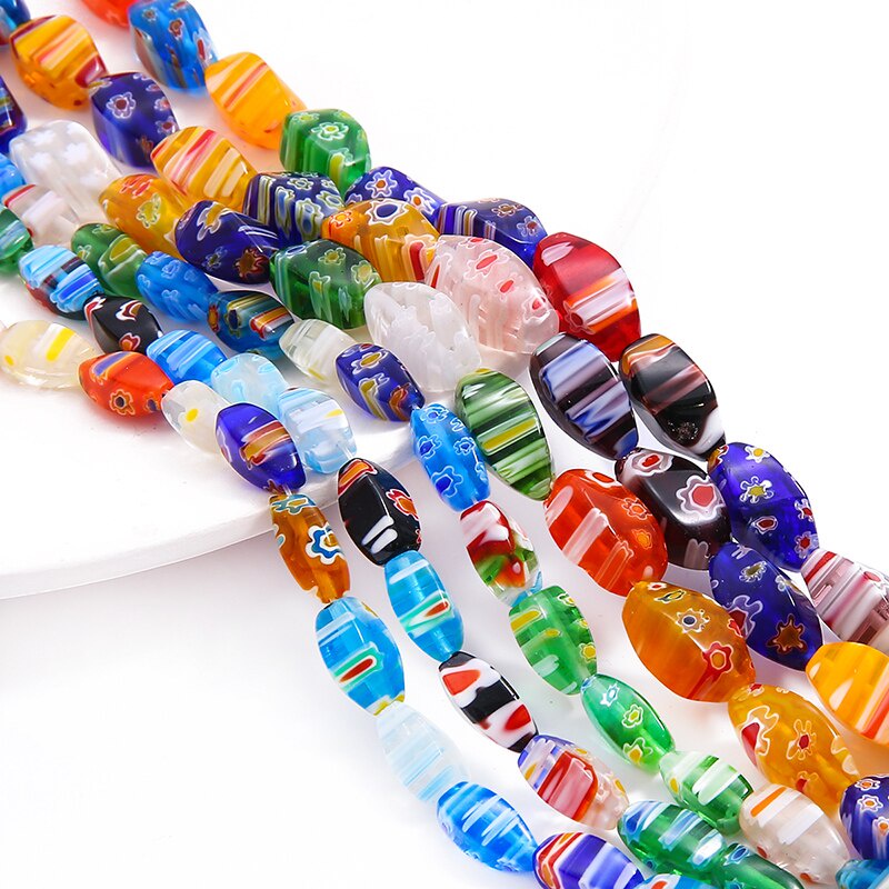 Hạt kính họa tiết hoa hình ống nhiều kiểu có lỗ xỏ dây dùng làm vòng tay trang sức đồ thủ công