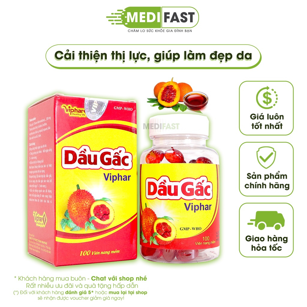 Viên uống Dầu gấc Viphar DHA - cải thiện thị lực, giúp làm đẹp da, bổ sung vitamin A giảm mờ mắt, khô mắt - Lọ 100 viên