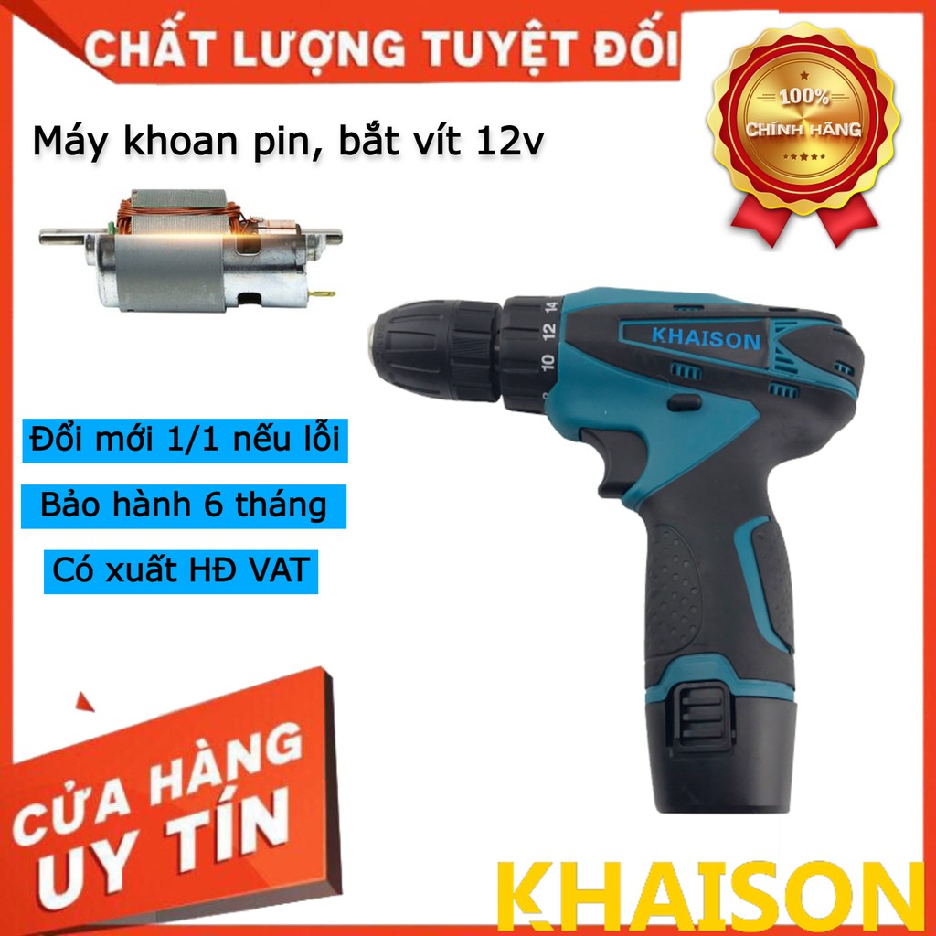 Máy khoan pin bắt vít 12v chính hãng Khaison (màu xanh) bảo hành 6 tháng TẶNG mũi khoan (1pin KPK)