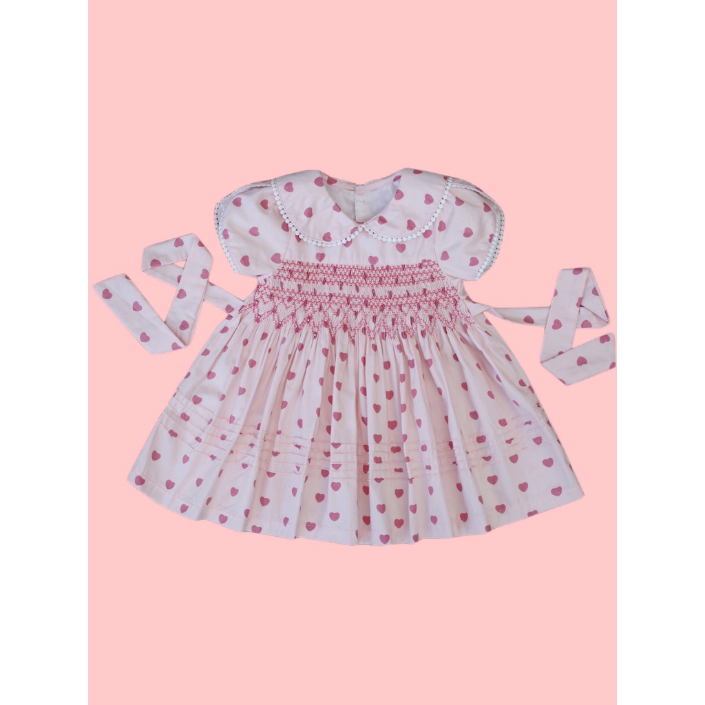 Váy Đầm Cho Bé Gái, Đầm Smock Thêu Tay Kiểu Viền Ren Hình Trái Tim Cách Bánh Bèo Dễ Thương Size 1 Tuổi -10 Tuổi