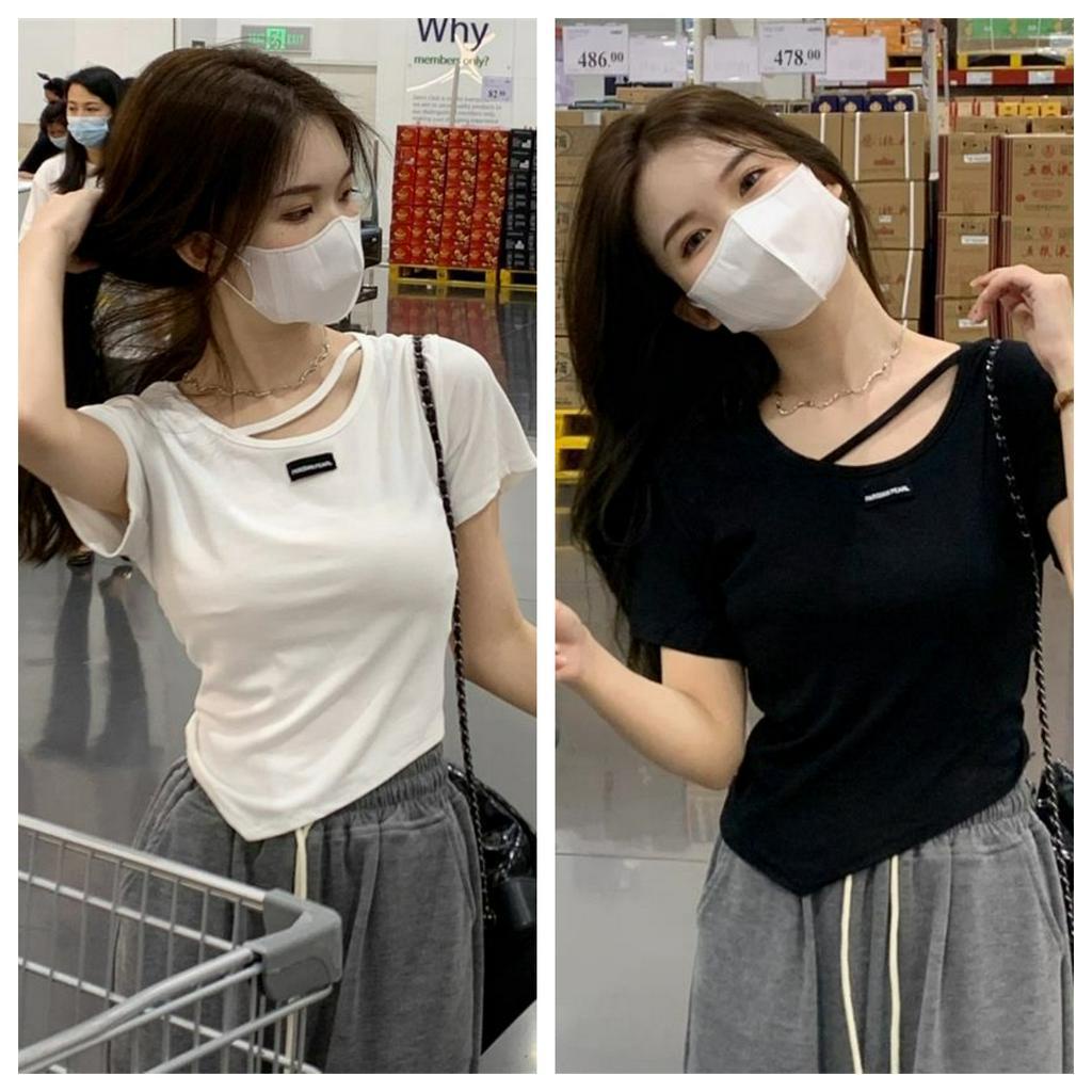 Áo thun nữ ngắn tay thiết kế không đều phong cách hàn quốc