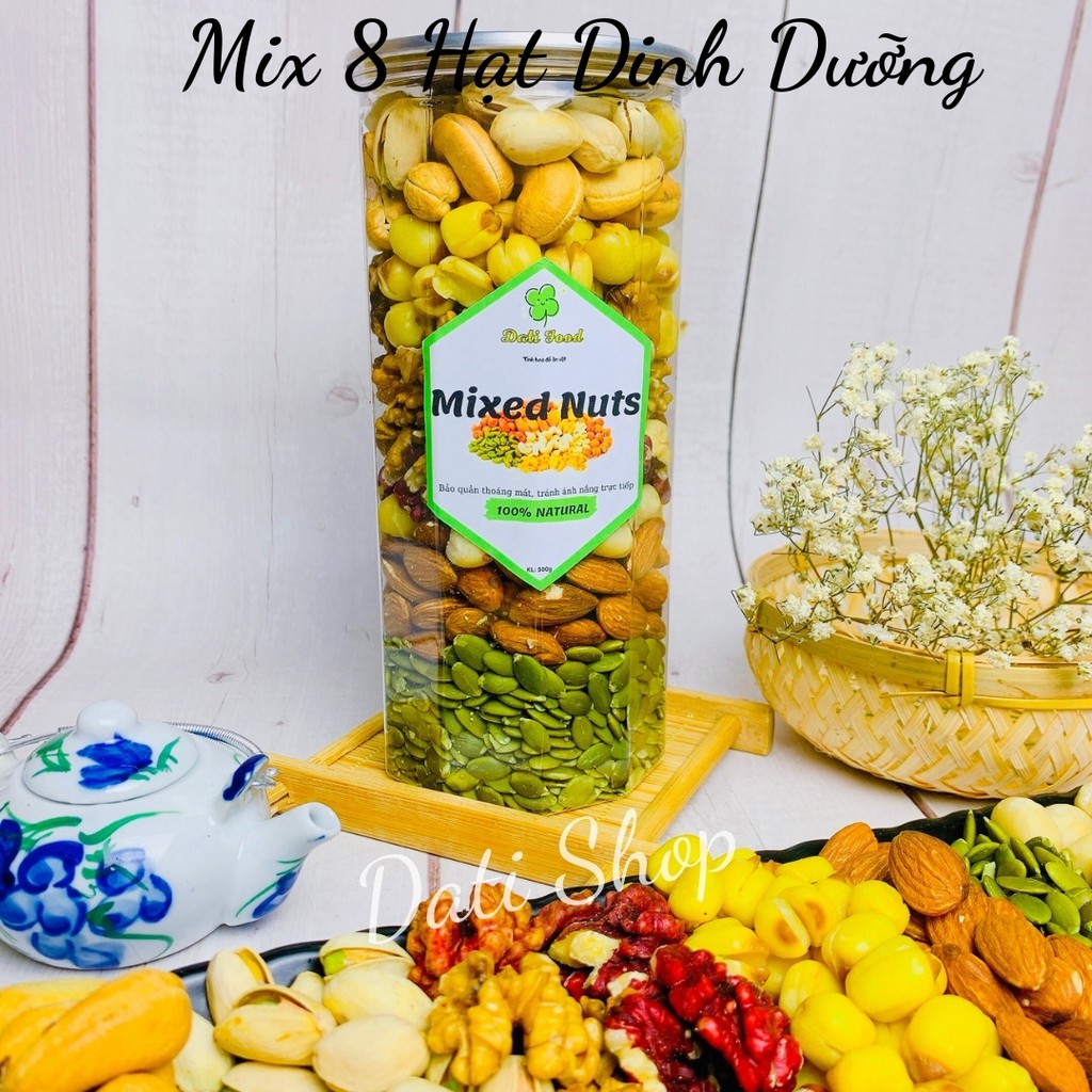 Hạt dinh dưỡng MIX 8 loại cho mẹ bầu/ ăn kiêng/ eatclean (Óc chó đỏ, Macca, Hạnh nhân, Sen, Điều, Dẻ, Bí xanh)