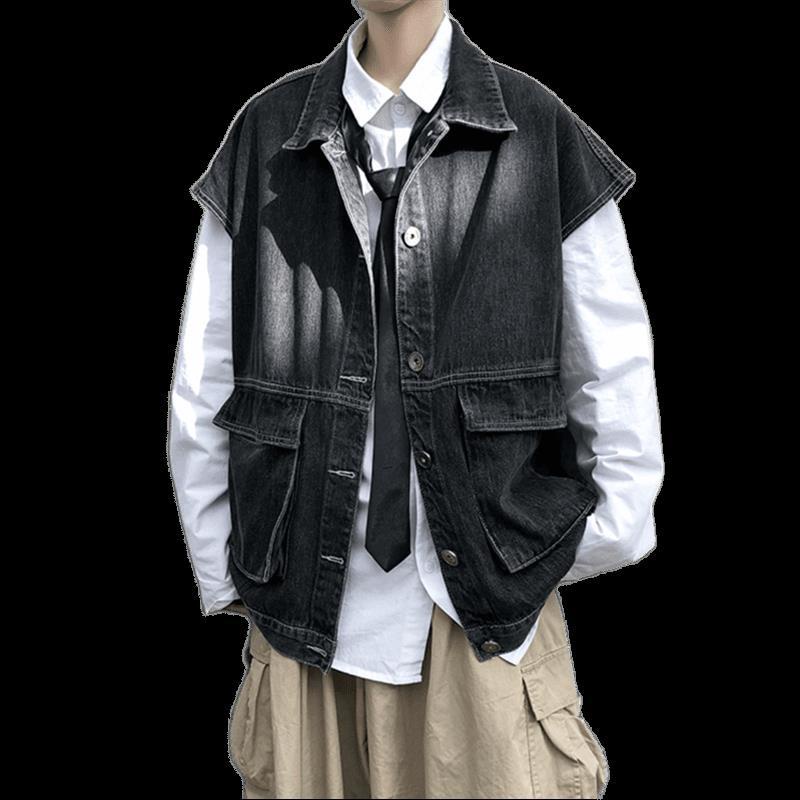 Áo Khoác Denim Sát Nách Dáng Rộng Phối Túi Kiểu Retro Cá Tính Cho Nam