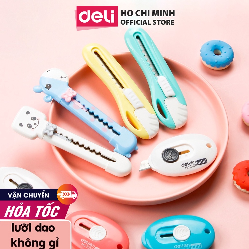 Dao rọc giấy mini 55mm hình hoạt hình/hình tròn dễ thương Deli - Xanh lá/ Vàng/Xanh dương - 2022 / 2024