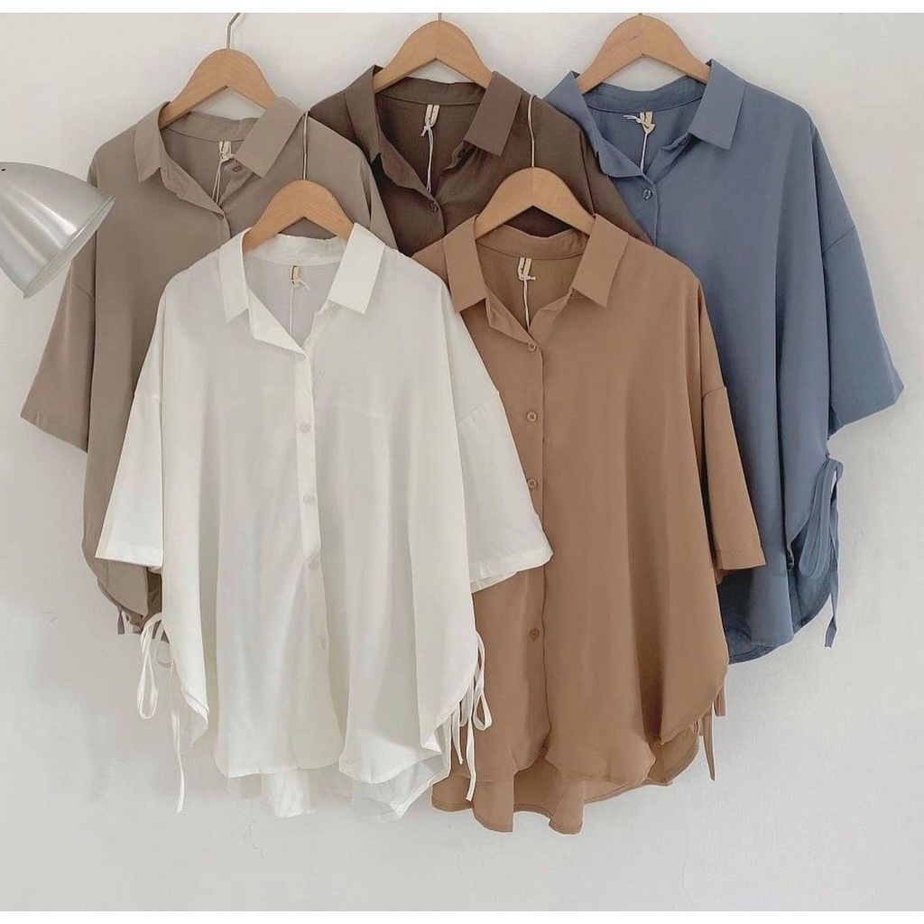 Áo Sơ Mi Nữ form rộn thắt nơ bên lụa hàn đẹp tay lỡ ulzzang vintage hàn quốc cao cấp trơn WIKISHOP C422