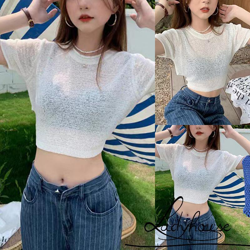 Áo Thun Crop Top Tay Ngắn Cổ Tròn Màu Trơn Xuyên Thấu Thời Trang Mùa Hè Cho Nữ