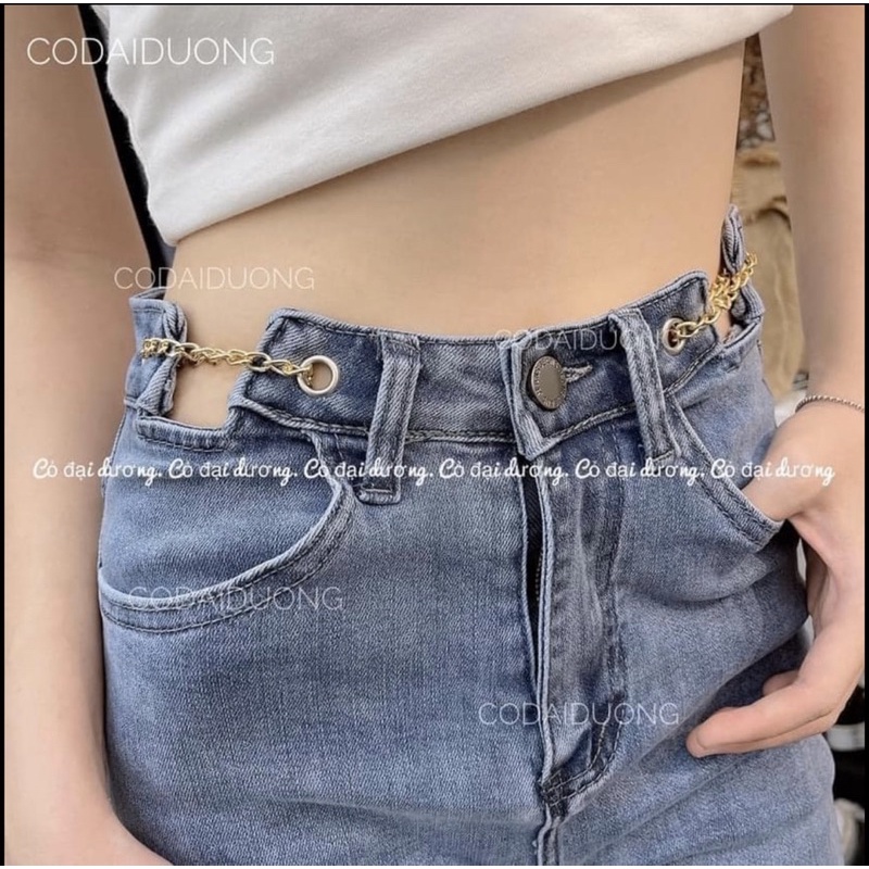 Quần jeans suông giãn pha cạp xích oze