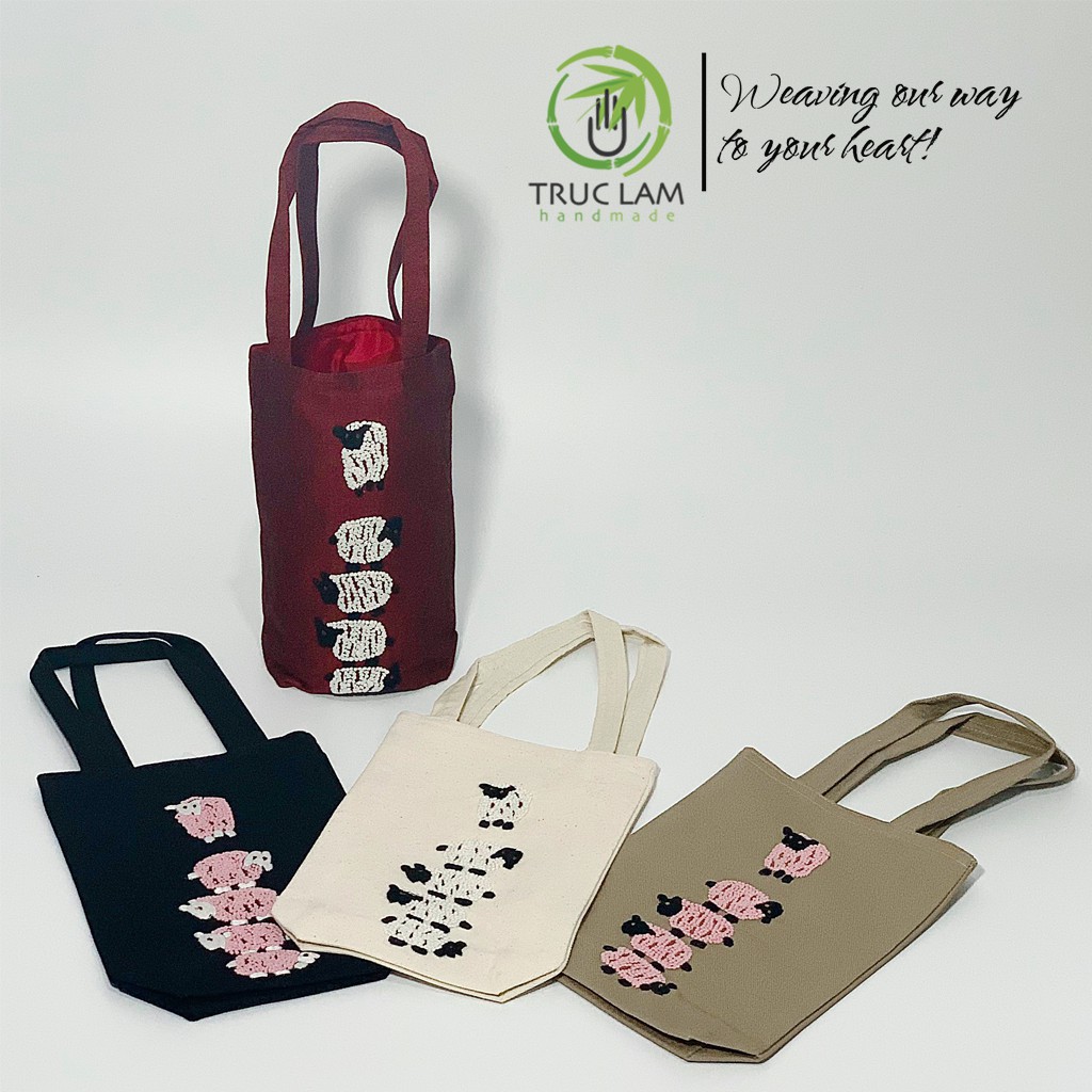 Túi Xách Tay Thêu Họa Tiết 5 Con Cừu Vải Canvas (A) - Trúc Lâm Handmade