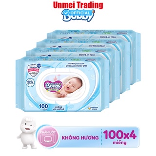 Combo tiết kiệm - 4 gói khăn ướt bobby care không hương 100 tờ/gói