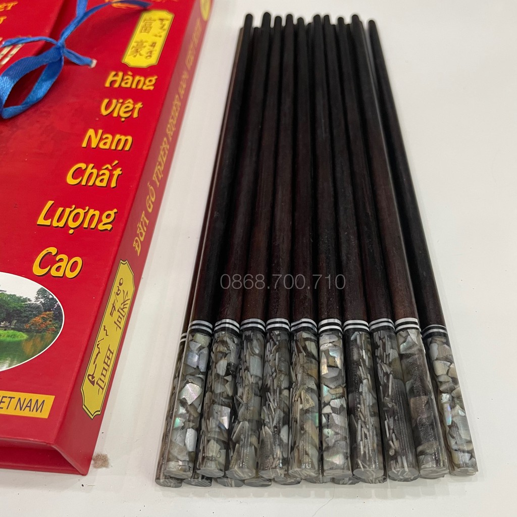 Bộ 10 đôi Đũa ăn gỗ Mun cao cấp đầu gắn trai biển đen -- đũa ăn cao cấp