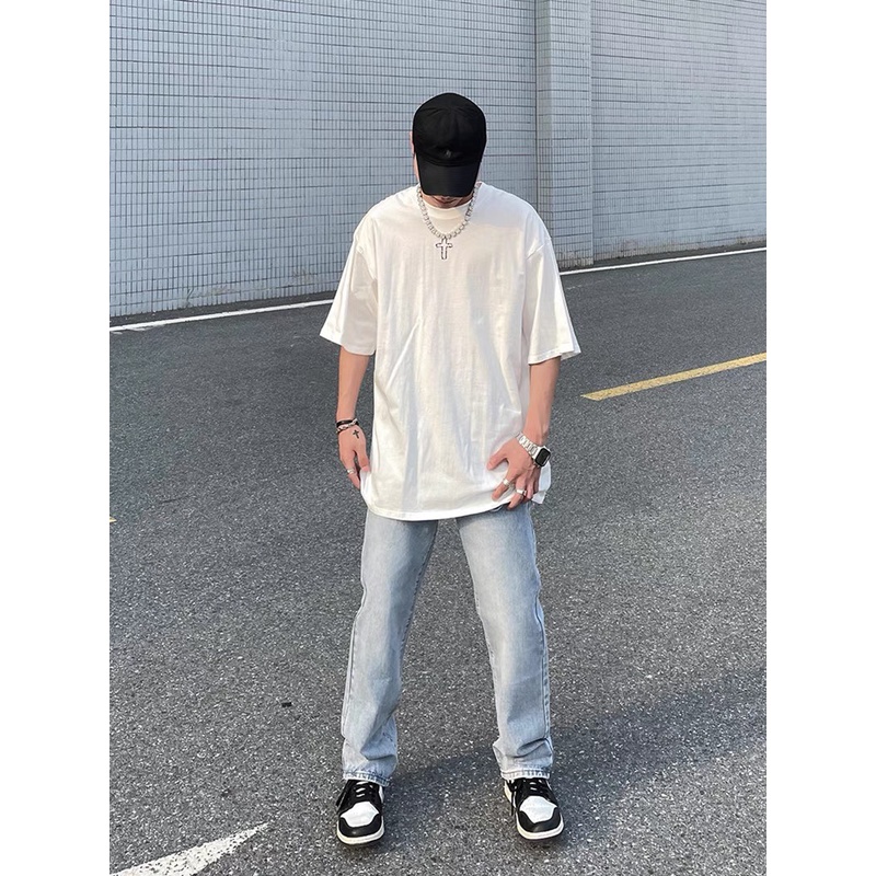 Quần Jean Xanh Ống Suông Rộng Thêu Chữ Unisex Nam Nữ Chất Dày Dặn