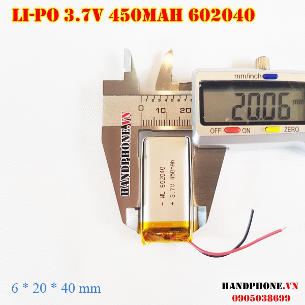 Pin Li-Po 3.7V 450mAh 602040 (Lithium Polymer) cho máy nội soi, định vị GPS, cân điện tử, máy ghi âm, camera hàng trình