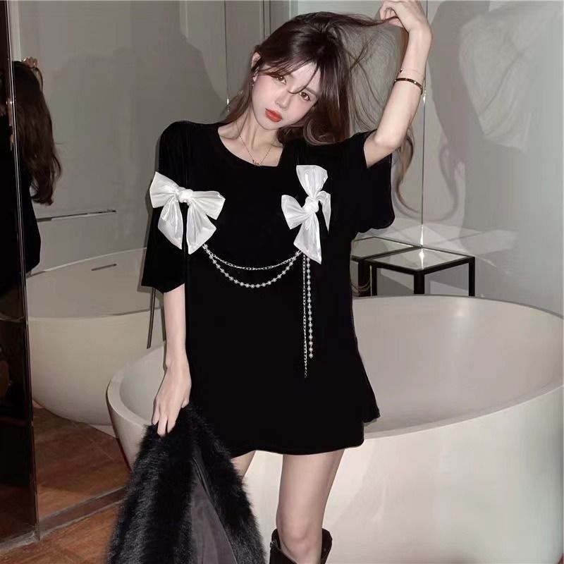 Áo Thun Tay Ngắn Dáng Rộng Mùa Hè Thiết Kế Thắt Nơ Dây Xích Phong Cách Hàn Quốc Mới Cho Nữ