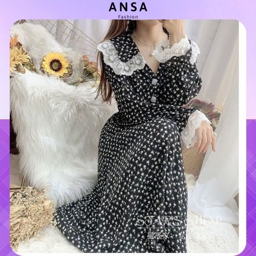 Váy hoa nhí vintage dáng dài phối ren cổ áo và tay áo