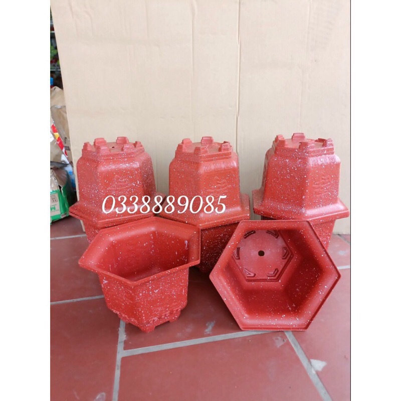 Chậu nhựa lục giác vân giả đá Đỏ viền hoa văn nổi loại 1 dày, cứng, đẹp, hàng sẵn kho