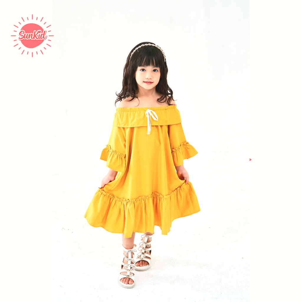 Váy đầm bé gái dáng suông xòe đính nơ hè vải trượt nhật Sunkid BT màu vàng size trẻ em 4-12 tuổi