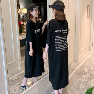 Đầm thun suông dáng dài màu đen chất cotton in chữ Audrey có kèm ảnh thật