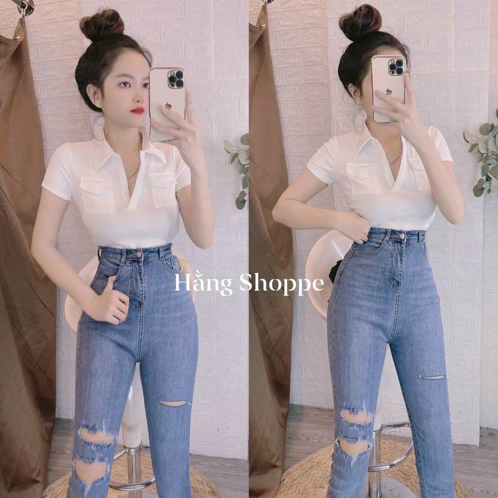 ÁO THUN CỔ BẺ PHỐI TÚI NGỰC HOT ẢNH THẬT