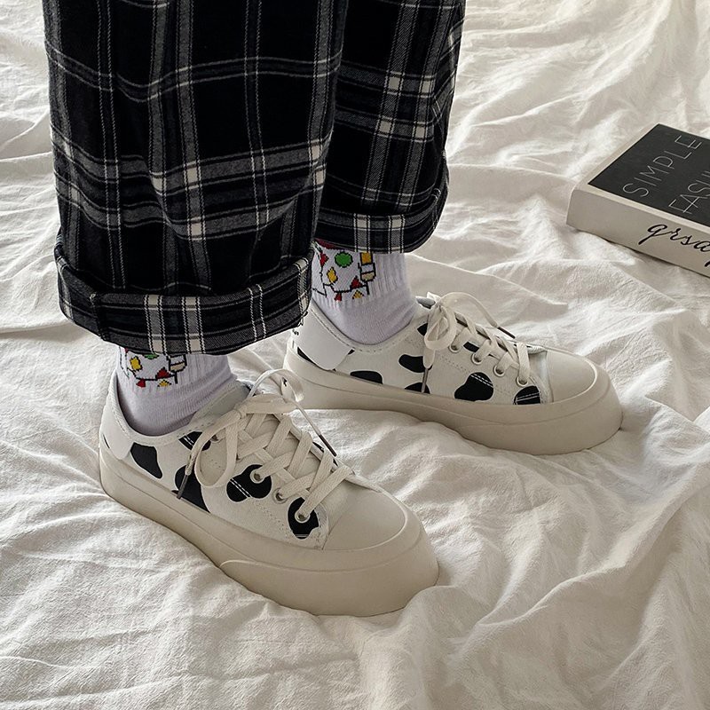 Giày thể thao nữ Ulzzang bò sữa đế bánh mì bata đen trắng độn đế vải canvas vintage conver cute