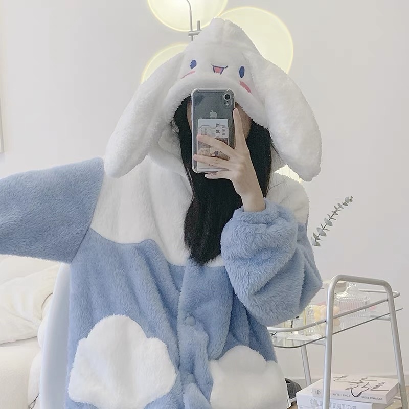 Váy ngủ bông xanh phối trắng Stitch túi đám mây lưng thêu hình đáng yêu lông mịn dày dặn mũ 2 lớp cực ấm