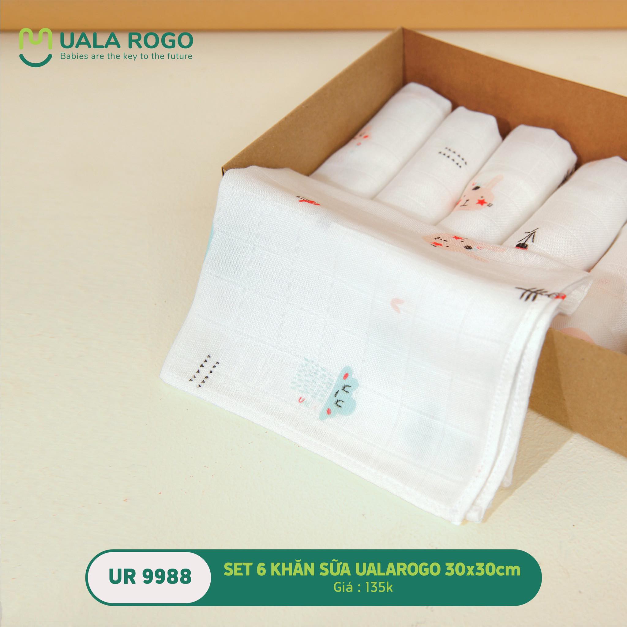 [CHÍNH HÃNG] Set 6 khăn sữa bamboo kích thước 30x30 họa tiết Uala Rogo