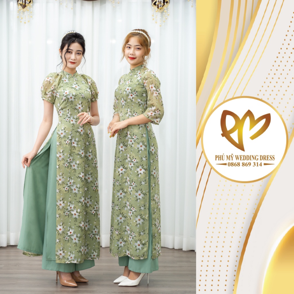 Áo dài truyền thống voan tơ màu xanh tay lỡ họa tiết hoa trắng