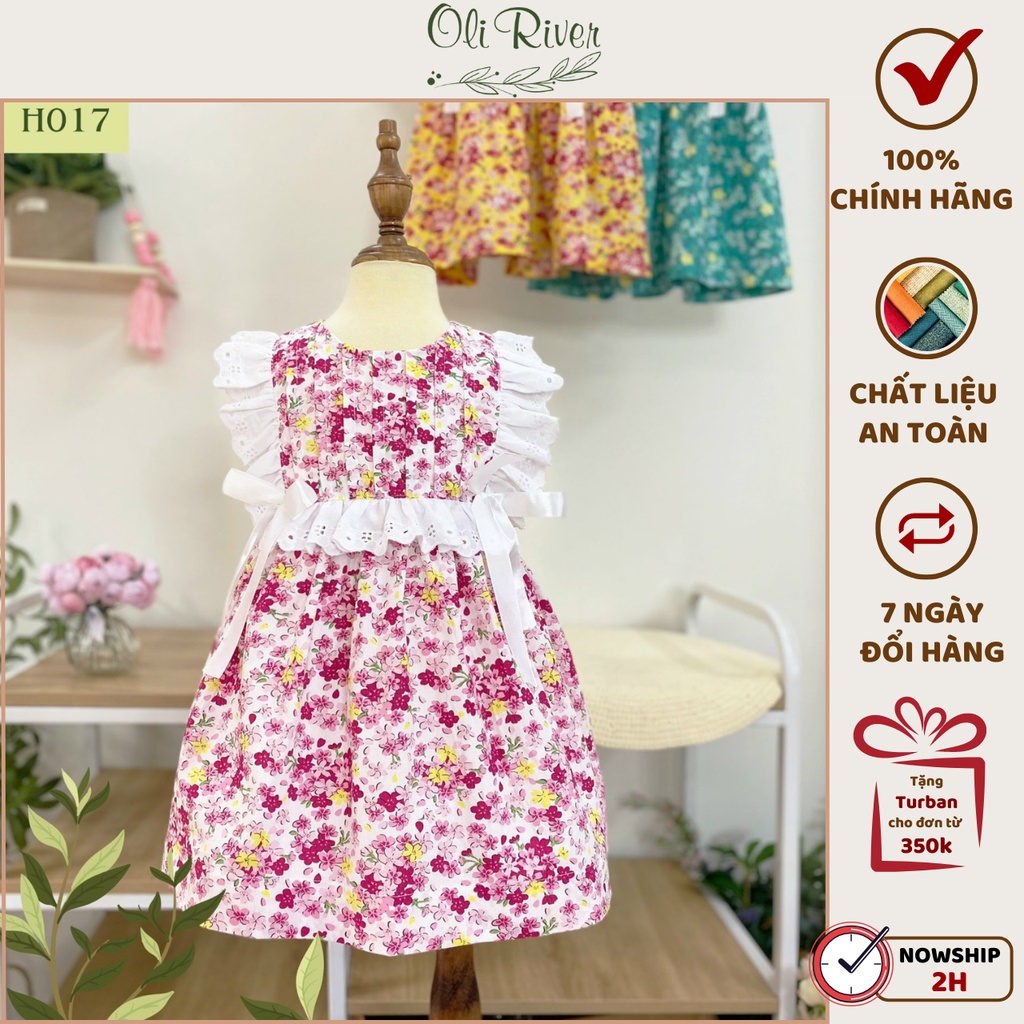 Váy bé gái OLIRIVER họa tiết hoa nhí phối ren chất liệu thô cho bé từ 1-10 tuổi - H017
