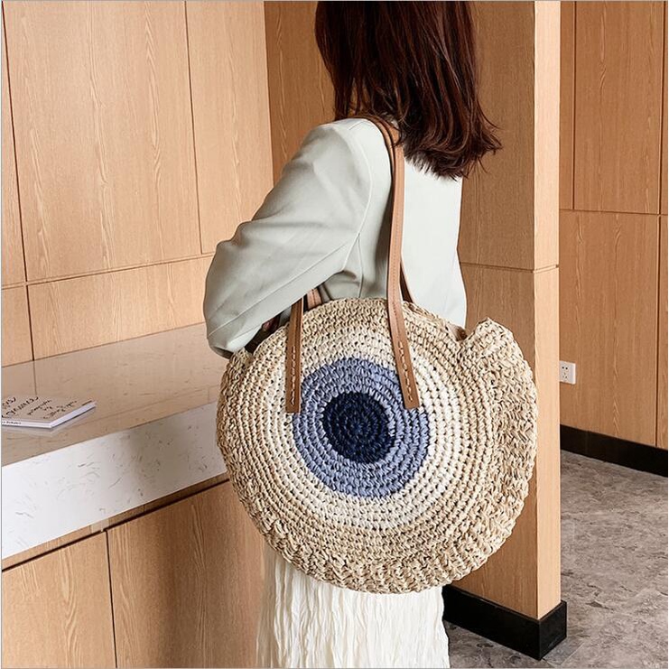 Túi đeo vai rơm mây đan hình tròn kiểu Bohemian đi biển cho phụ nữ