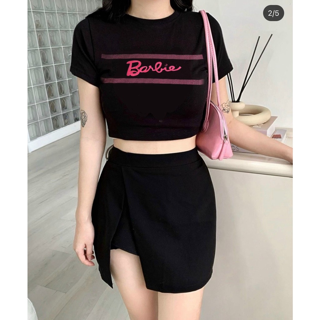 Áo thun nữ dáng croptop chữ babie tay ngắn cổ tròn basic